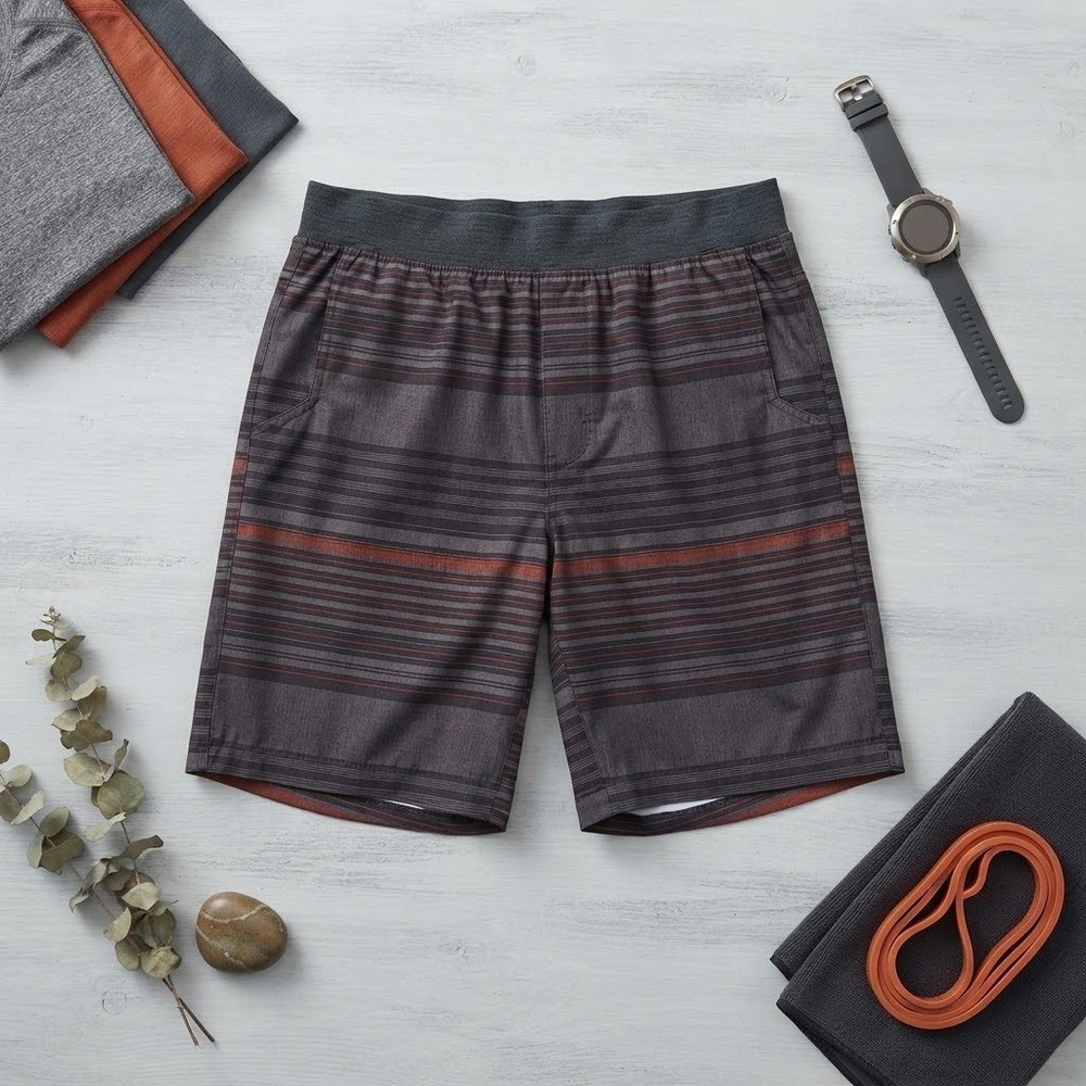 Prana Mens Board Shorts Swim Trunks Gray Orange Striped Size Small Elastic Waist